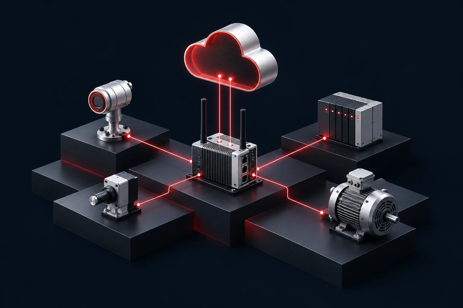 Industrial sensors and smart devices connected through a gateway to the cloud